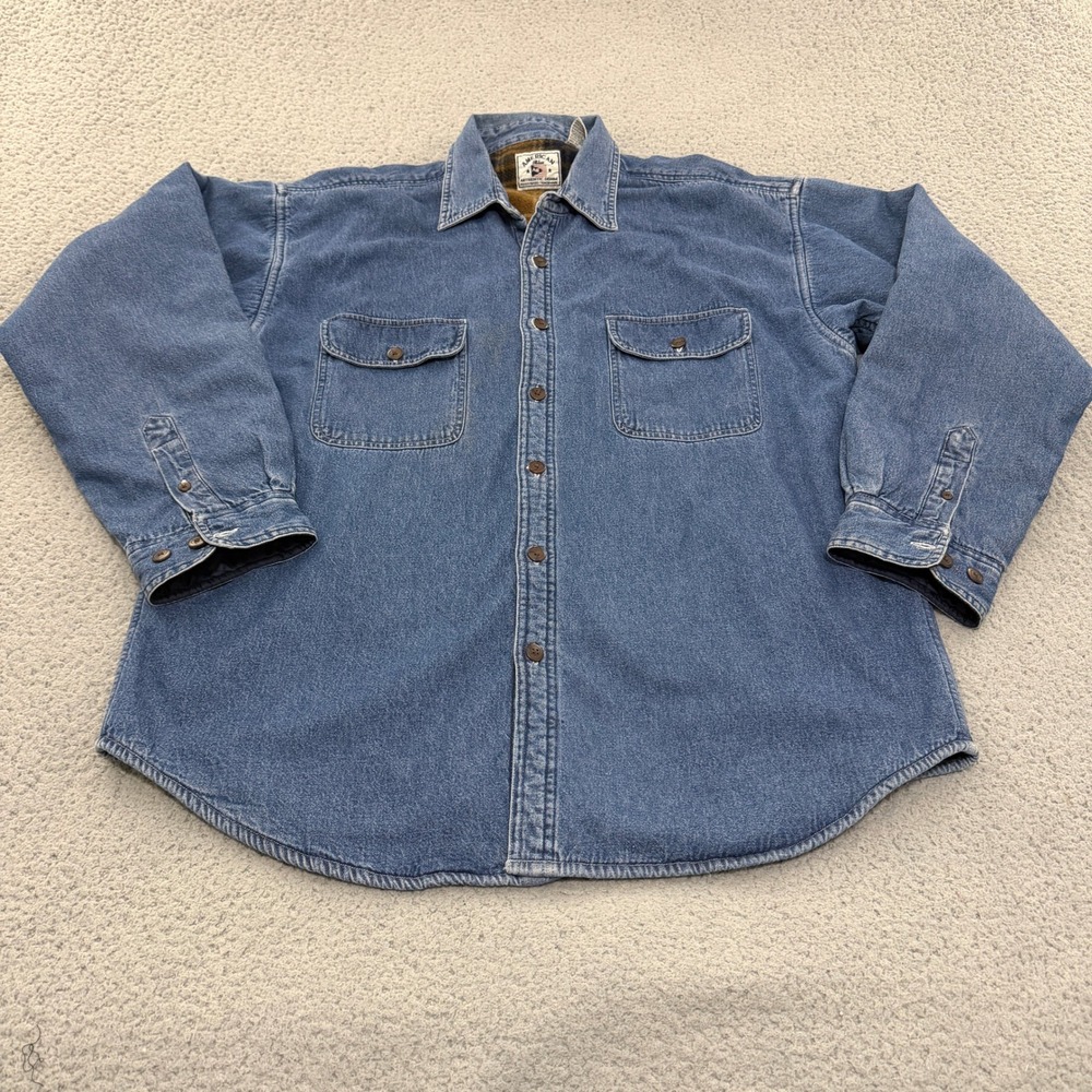 American Blue Denim Shirt Jacket Mens XL Fleece Lined Plaid Blue Heavy